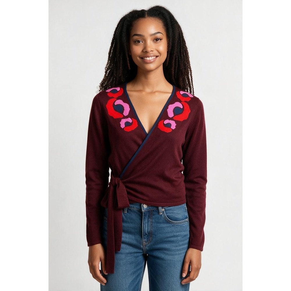 Diane von Furstenberg Burgundy 100% Wool Floral Embroidered Wrap Sweater Large